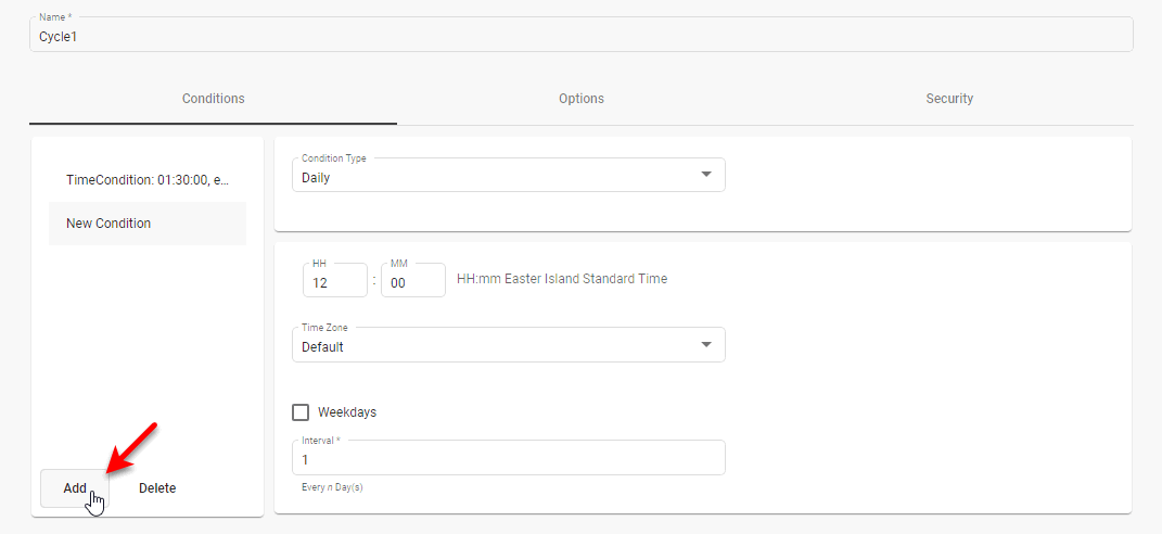 multiple cycle conditions listed with Add button