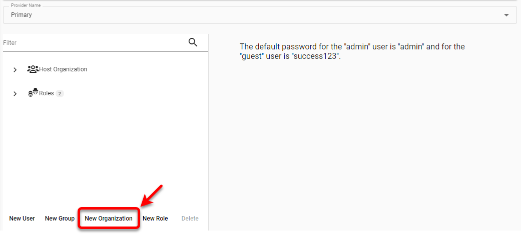 press New Organization link below navigation tree