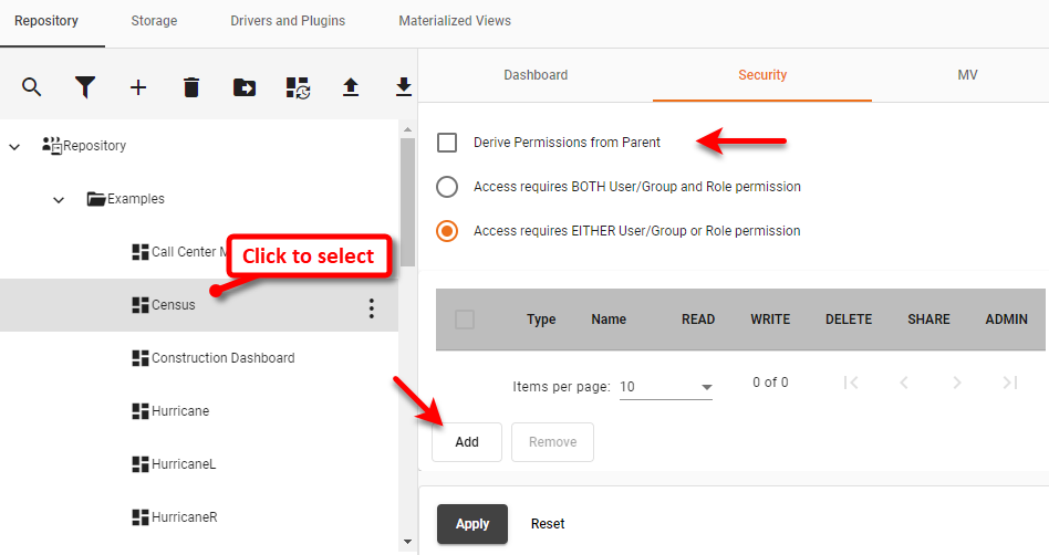 add permissions to dashboard security tab