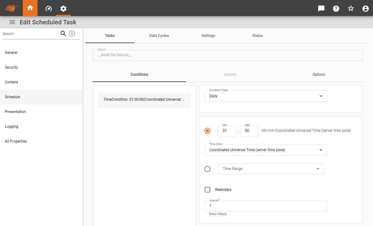 open Tasks tab for asset file backup scheduled task
