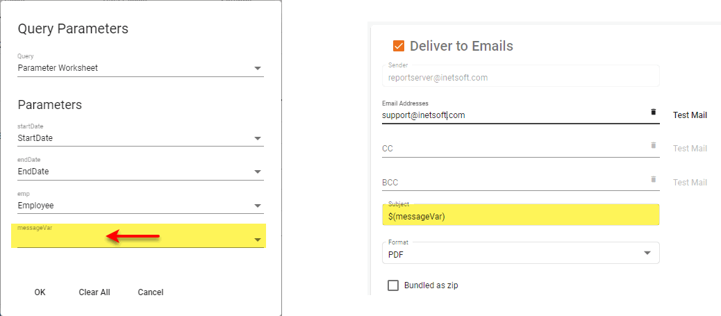 parametrize email properties in query parameters dialog