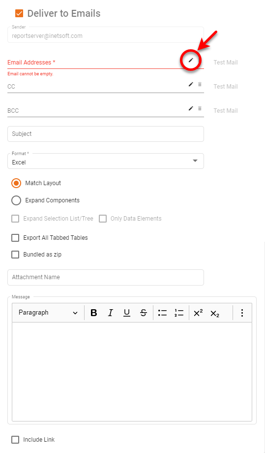 configure deliver to emails action for Dashboard