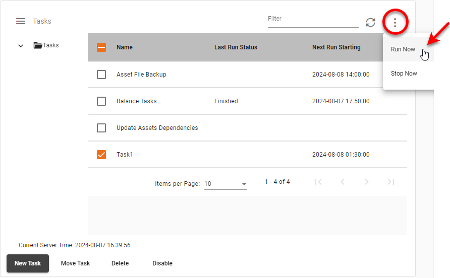 select Run Now from task more options menu