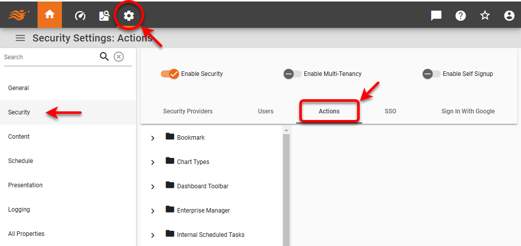 select Actions tab on Security page