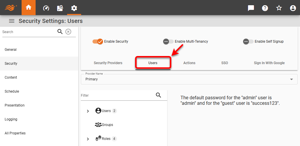 select Users tab in Security page