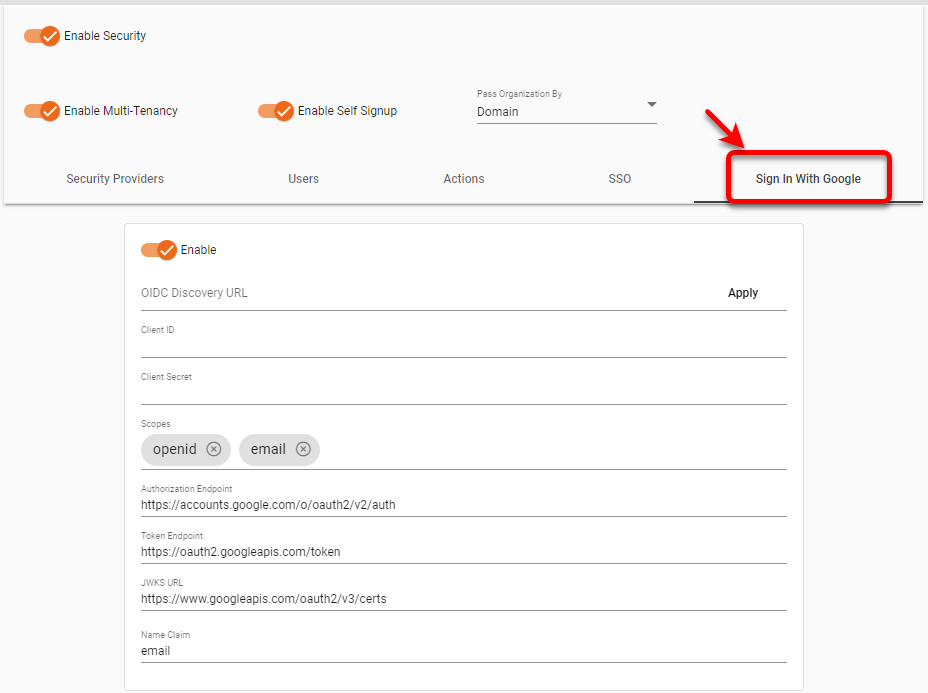 sign in with Google tab settings
