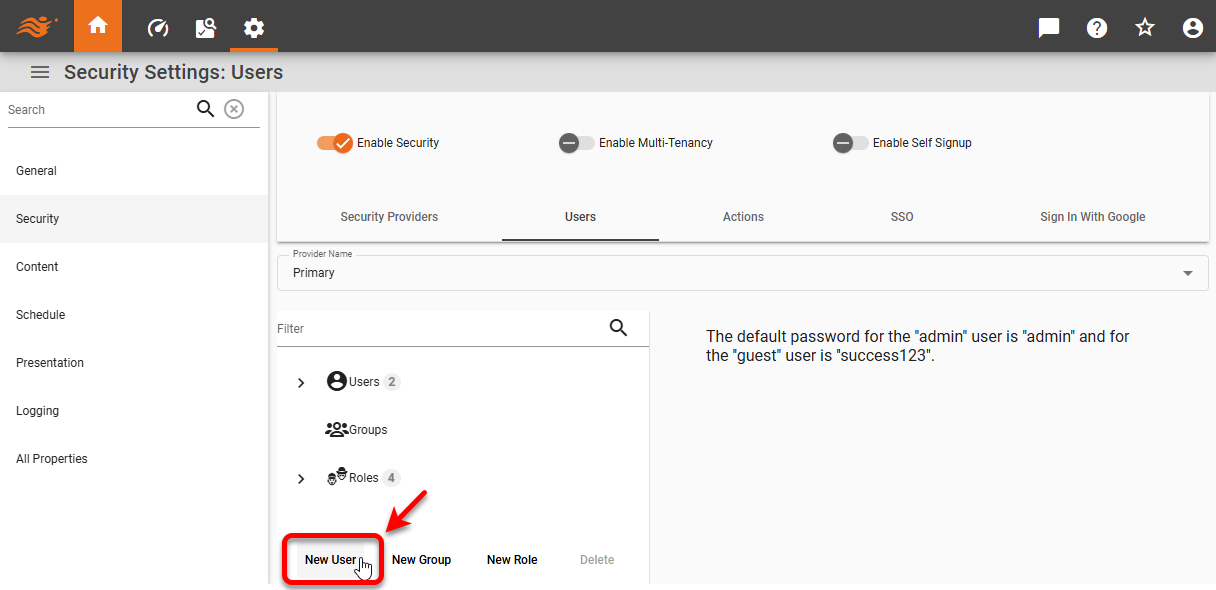 new user created in security tree