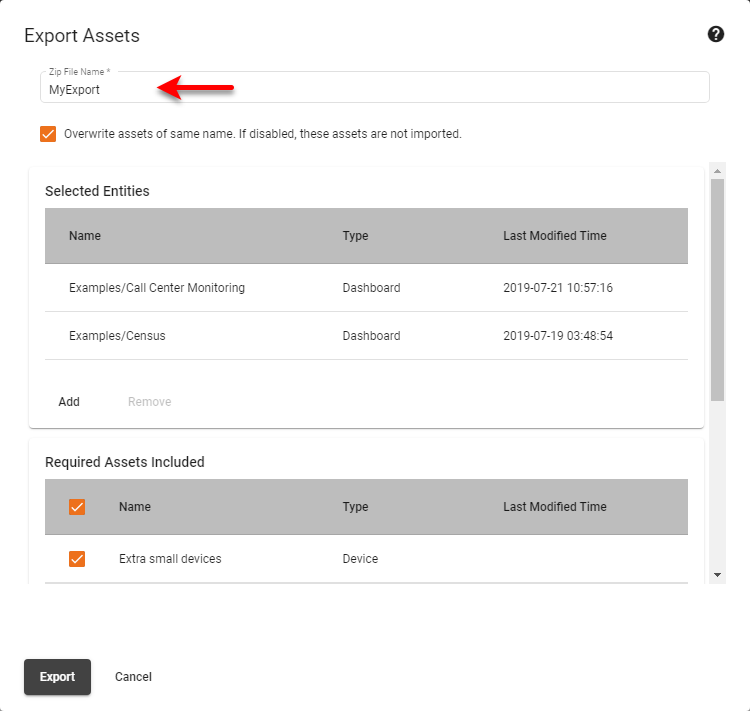 enter ZIP file name in export assets dialog