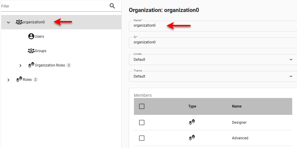 new organization with default name in security tree