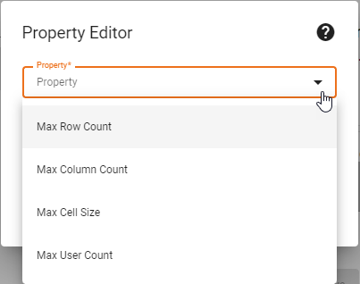 Property Editor showing max row column and user count settings