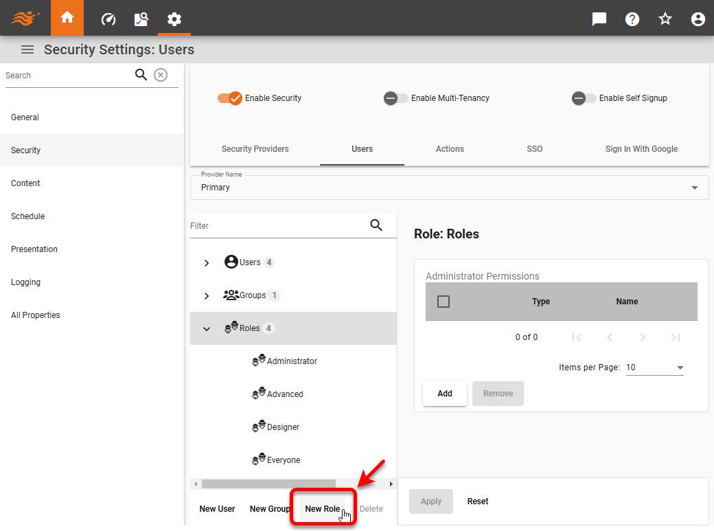 new role created in navigation tree