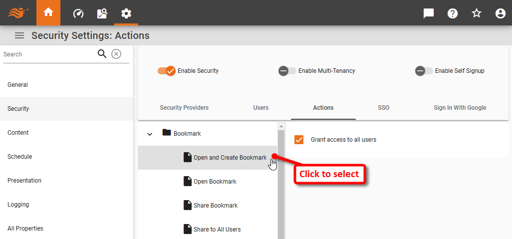 select action in security actions tree