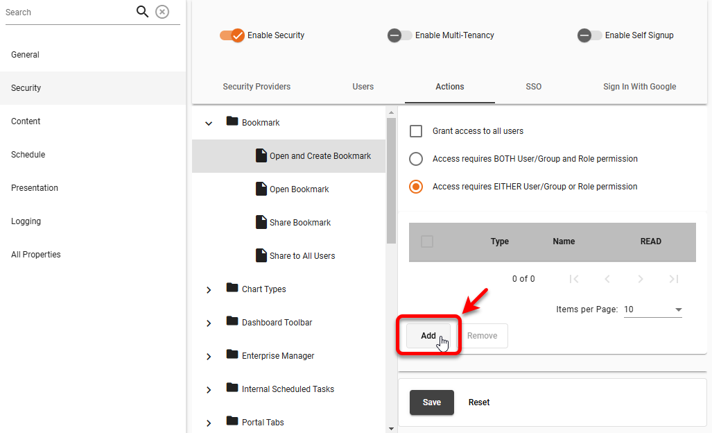 Add Permission dialog for security action