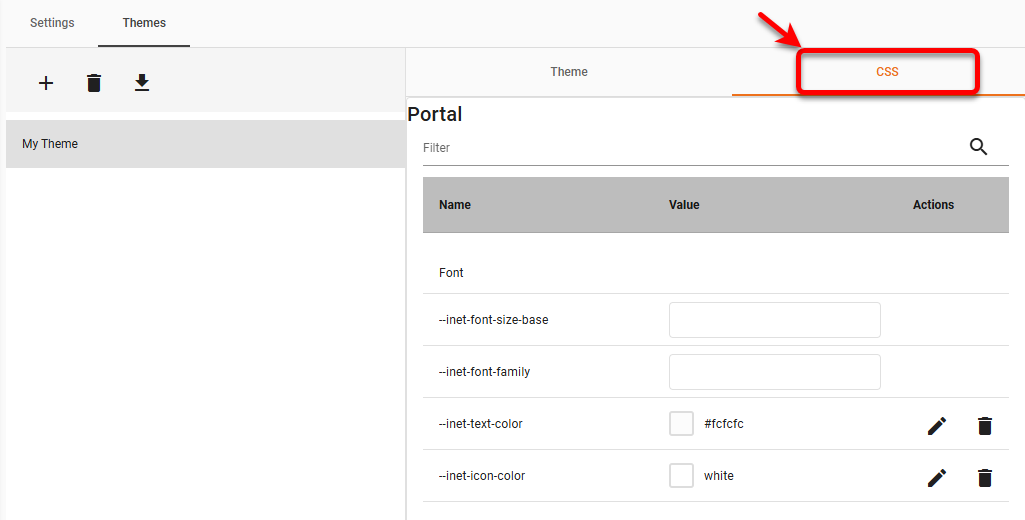 CSS tab for editing theme properties