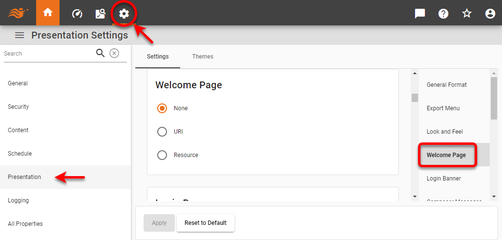 welcome page settings with URI and resource options