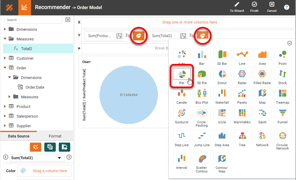 select Pie chart style for each measure