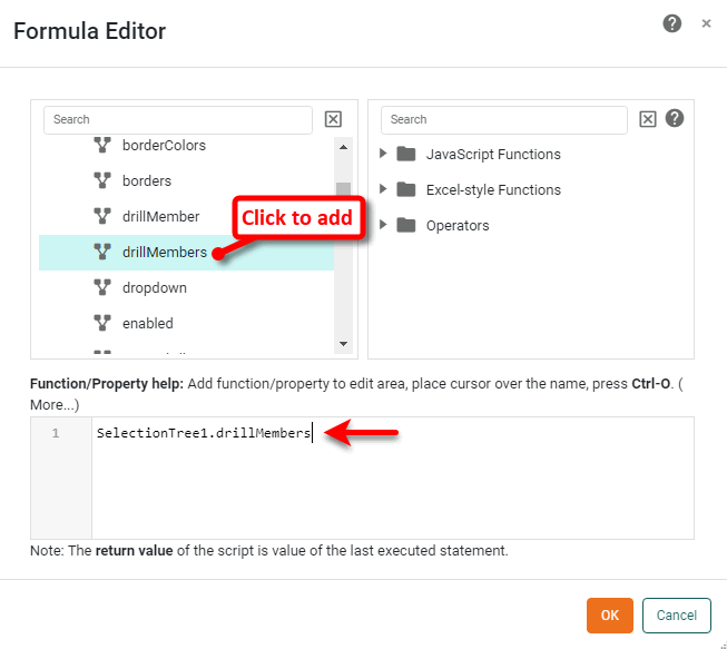 script editor showing SelectionTree1 drillMember property selected