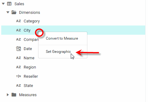chart data source panel with State and City fields set as geographic