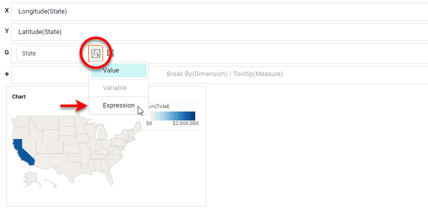 chart data panel with value type button showing Expression option selected