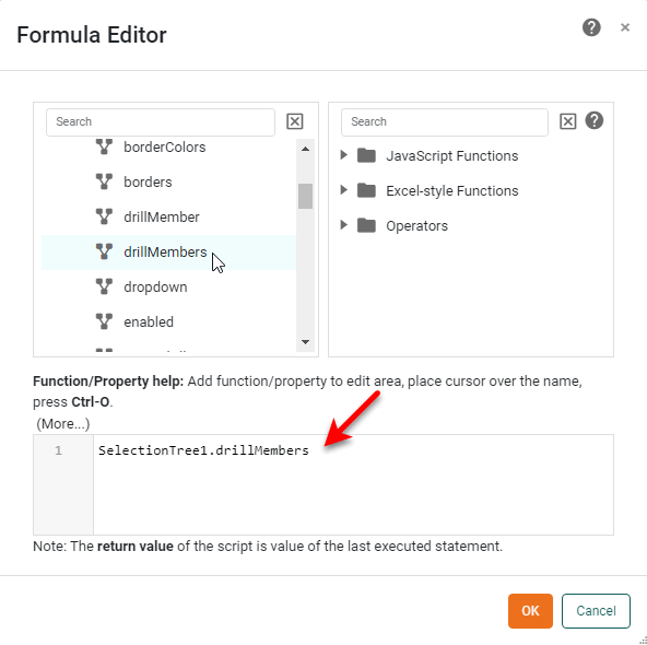 script editor with SelectionTree1.drillMembers inserted as geographic binding expression