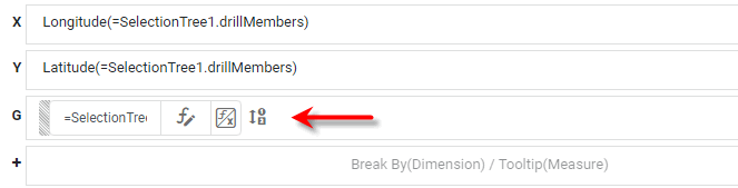 chart data panel showing drillMembers expression assigned to geographic binding