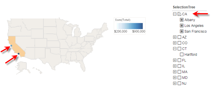 map chart filtered to California showing total measure at city level