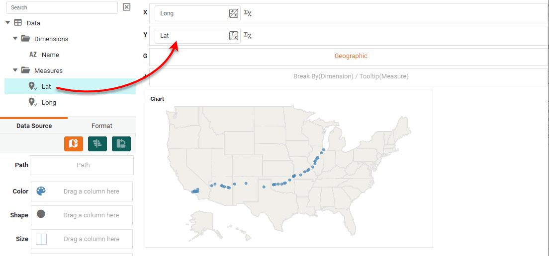 drag Lat and Long fields to X and Y regions