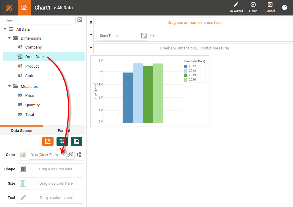 drag dimension to Color region