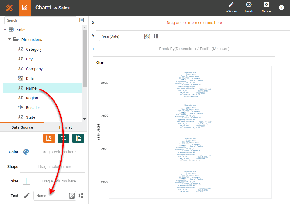 drag name dimension to text region
