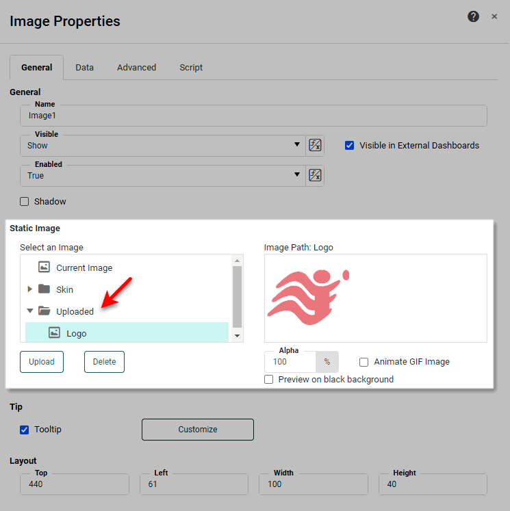 Image Properties dialog box showing Uploaded folder with available images