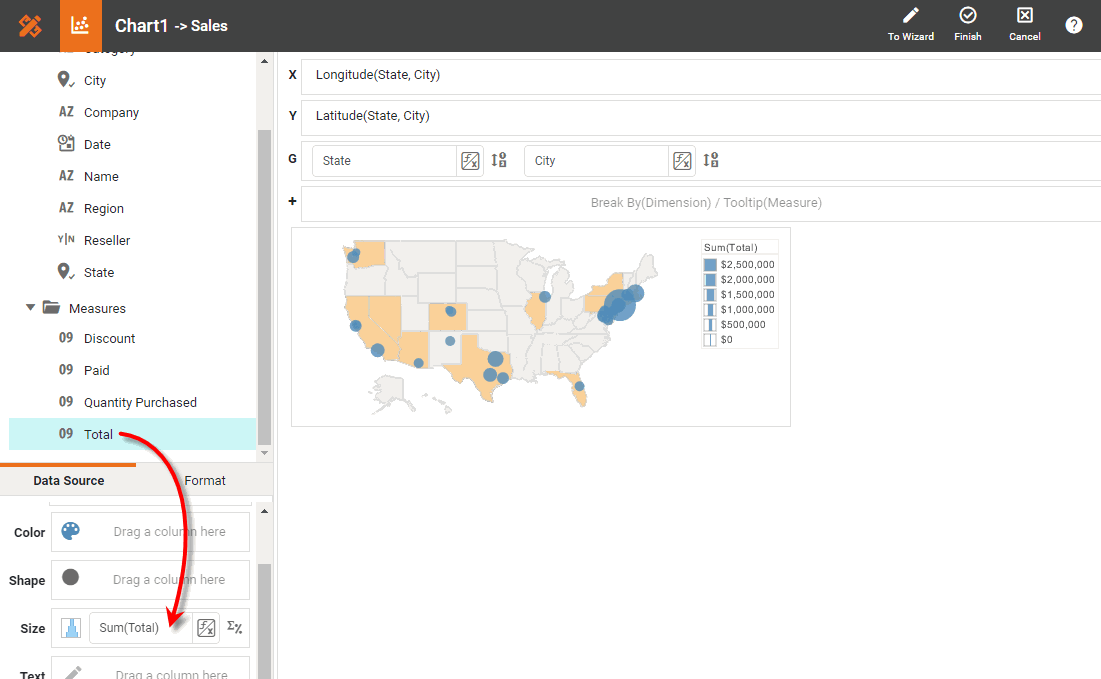drag measure to Color Shape Size or Text region