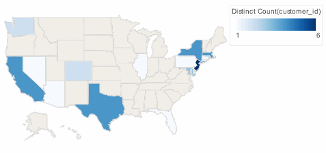 map chart with state bound as geographic field color-coded by customer count