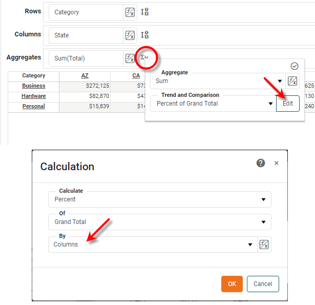 crosstab editor Calculation dialog showing By row or column direction option