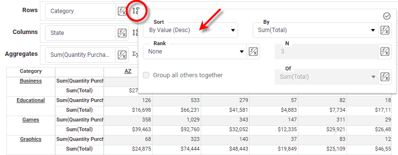 crosstab editor showing sort method options for a header field