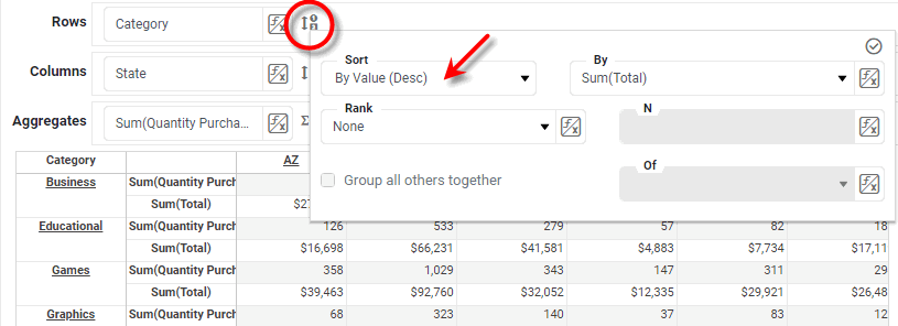 crosstab editor showing column sort order setting for a row header
