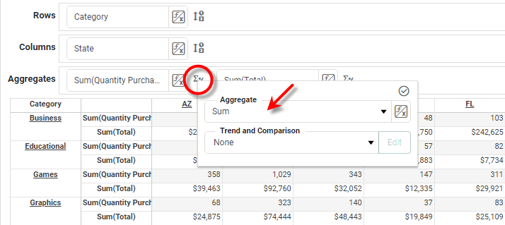 crosstab editor showing Aggregate method setting for a measure