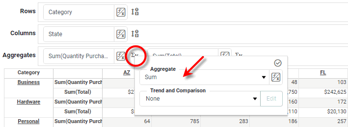 crosstab editor showing aggregation formula assigned to a measure