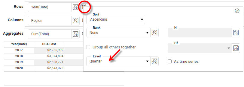 crosstab editor showing Level date grouping option for a row header