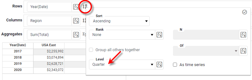 crosstab editor showing date grouping level set for a row header