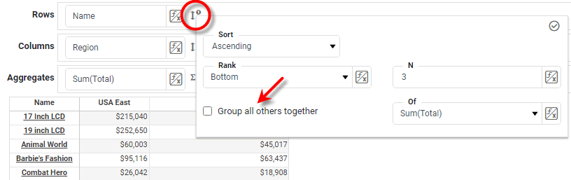 crosstab editor showing Group all others together checkbox option