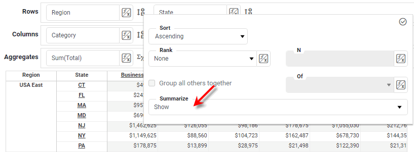 crosstab editor showing Summarize subtotal option for a grouped field