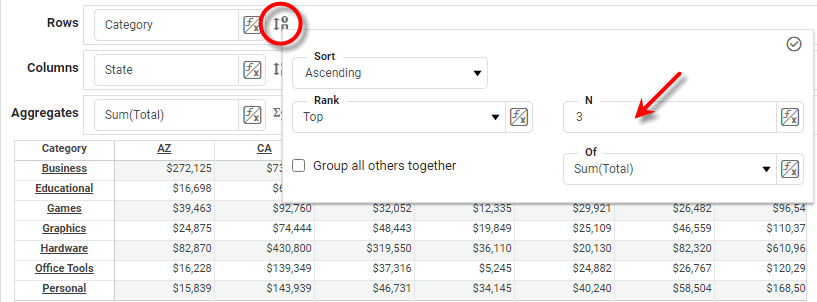 crosstab editor showing Rank N option for filtering top groups