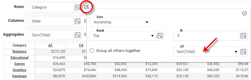 crosstab editor showing Of measure field for ranking groups