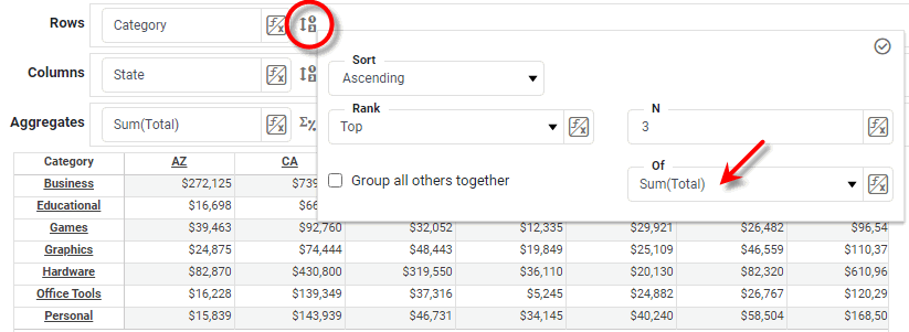 crosstab editor with Of measure property set for top-N ranking