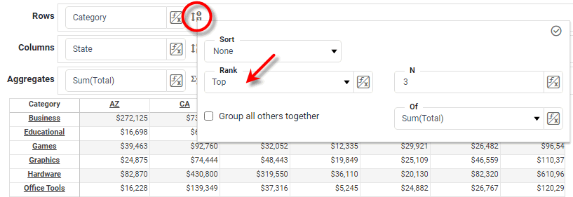 crosstab editor showing Top or Bottom Ranking menu option