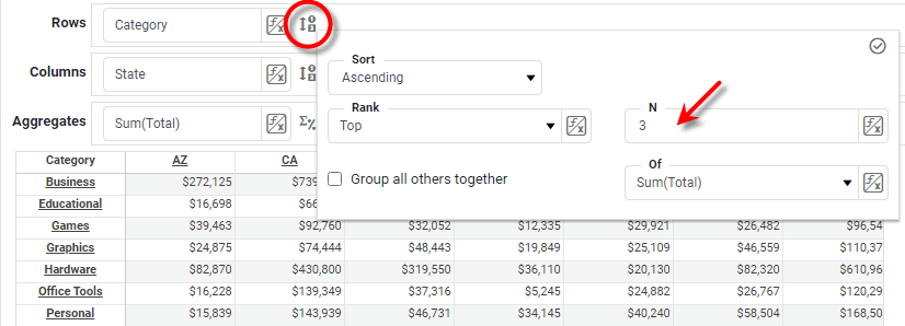 crosstab editor with Rank top-N option set for a row header