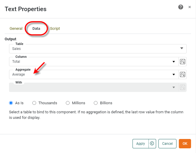 text component Data tab showing Aggregate formula selection