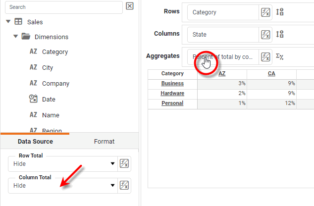 crosstab editor with Column Total option enabled