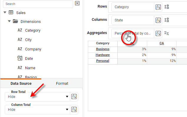 crosstab editor with Row Total option enabled