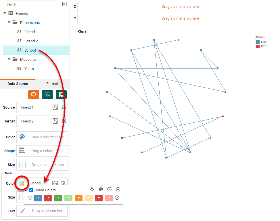 drag dimension to Color region to color network nodes